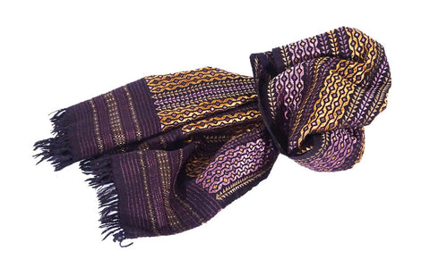 Hand Embroidered Narrow Scarf // Purple and Gold